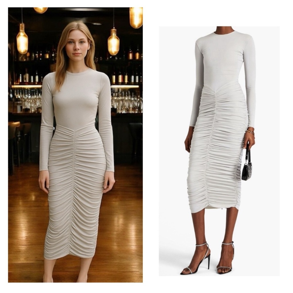 ALEX PERRY Presley Grey Silver Ruched Midi Dress Stretch Knit Formal US 10 NWT